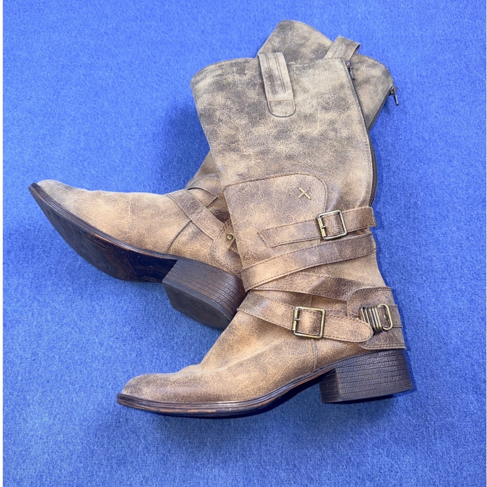 Candies Outback Taupe Distressed Buckle Strap Tall Moto Boots Womens 8 Med